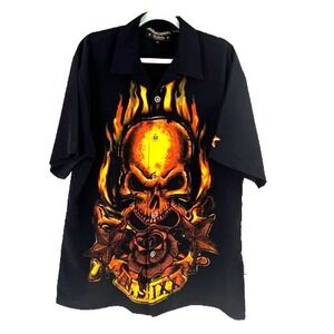 Dragonfly Nikki Sixx Flames Skull Shirt Motley Crew Mens Large Black Orange Rock